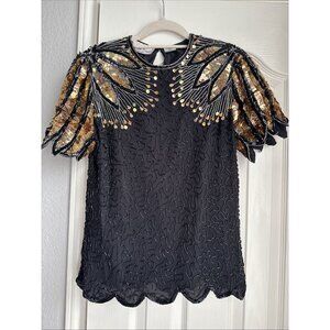Laurence Kazar Vintage 70s 100% Pure Silk Sequin Beaded Top Black Gold Size XL